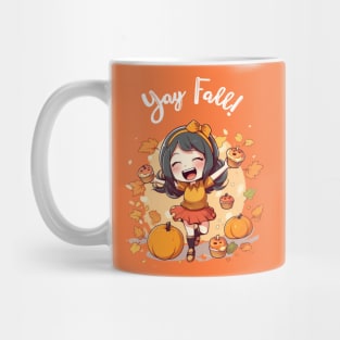 Fall for Our Adorable Chibi Art - Cute and Cozy Autumn Vibes, Yay FALL (White Letters) Mug